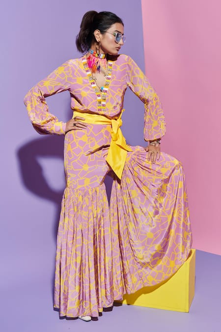 Esha L Amin Pink Viscose, Crepe Embroidery Fan Print Top With Neckline 