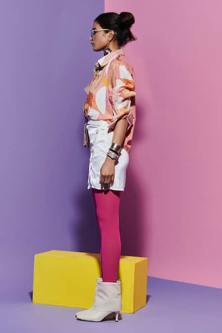 Esha L Amin Multi Color Linen, Crepe Beads Collared Wavy Placket Geometric Print Shirt Online at Aza Fashions Esha L Amin_Multi Color Linen, Crepe Beads Collared Wavy Placket Geometric Print Shirt _Online_at_Aza_Fashions