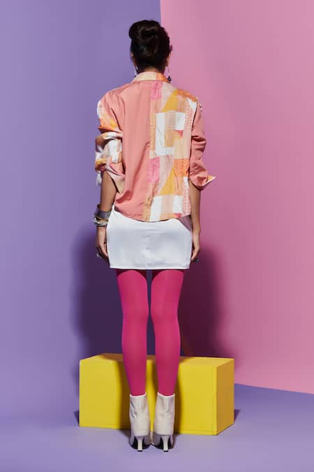 Shop Esha L Amin Multi Color Linen, Crepe Beads Collared Wavy Placket Geometric Print Shirt at Aza Fashions Shop_Esha L Amin_Multi Color Linen, Crepe Beads Collared Wavy Placket Geometric Print Shirt _at_Aza_Fashions