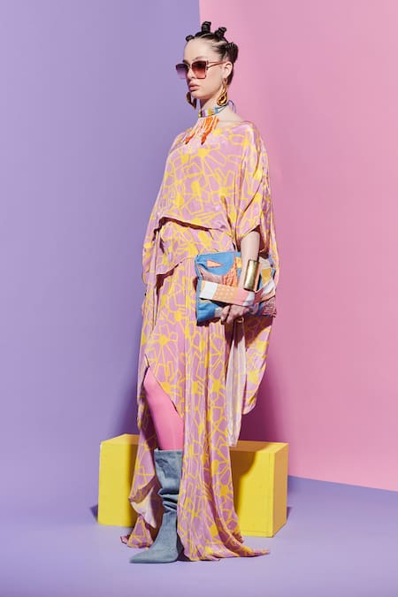 Esha L Amin_Pink Viscose Boat Neck Fan Print Asymmetric High Low Top _Online_at_Aza_Fashions