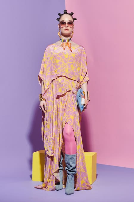 Esha L Amin Pink Viscose Boat Neck Fan Print Asymmetric High Low Top