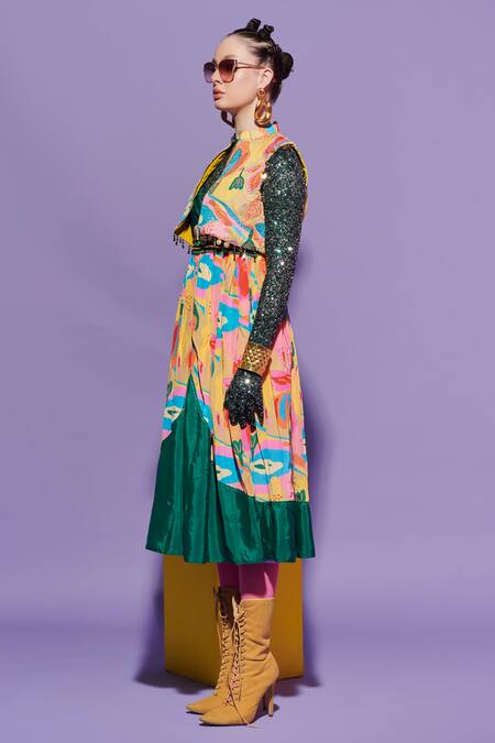 Esha L Amin_Green Crepe V-neck Sleeveless Croissant Print Dress _Online_at_Aza_Fashions