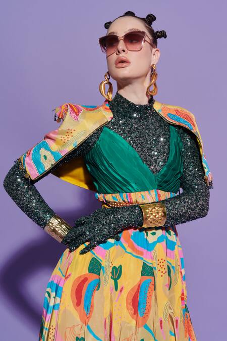 Buy_Esha L Amin_Green Crepe V-neck Sleeveless Croissant Print Dress _Online_at_Aza_Fashions