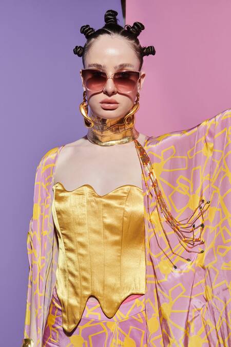 Esha L Amin_Mustard Satin Asymmetric Wavy Hem Corset Top _Online_at_Aza_Fashions