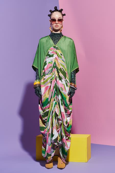 Esha L Amin_Green Crepe, Viscose V-neck Dark Scenery Print Kaftan Dress _Online_at_Aza_Fashions