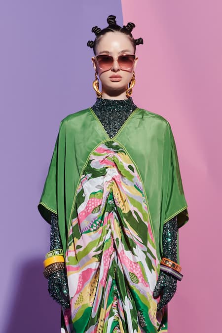 Buy_Esha L Amin_Green Crepe, Viscose V-neck Dark Scenery Print Kaftan Dress _Online_at_Aza_Fashions