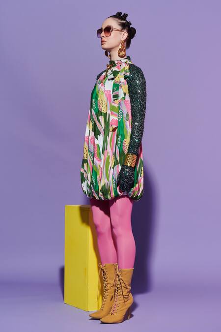 Esha L Amin Multi Color Viscose, Crepe Round Neck Bubble Hem Scenery Dress Online at Aza Fashions Esha L Amin_Multi Color Viscose, Crepe Round Neck Bubble Hem Scenery Dress _Online_at_Aza_Fashions