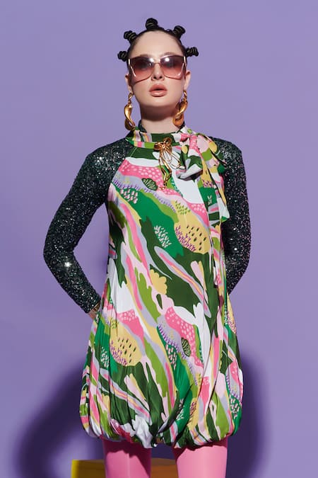 Buy Esha L Amin Multi Color Viscose, Crepe Round Neck Bubble Hem Scenery Dress Online at Aza Fashions Buy_Esha L Amin_Multi Color Viscose, Crepe Round Neck Bubble Hem Scenery Dress _Online_at_Aza_Fashions