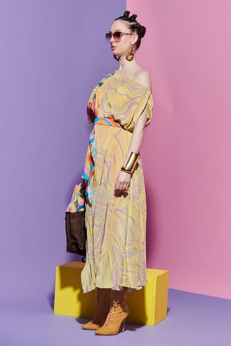 Esha L Amin Multi Color Viscose, Georgette Asymmetric Embroidered Lapel Scarf Dress Online at Aza Fashions Esha L Amin_Multi Color Viscose, Georgette Asymmetric Embroidered Lapel Scarf Dress _Online_at_Aza_Fashions