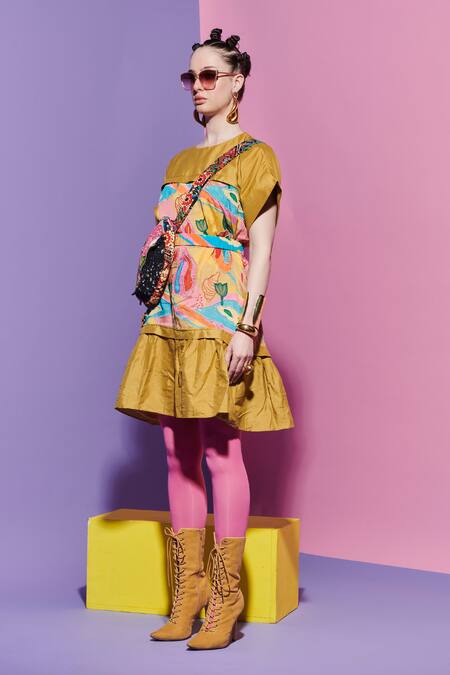 Esha L Amin_Multi Color Georgette Round Neck Mustard Croissant Corset Dress _Online_at_Aza_Fashions