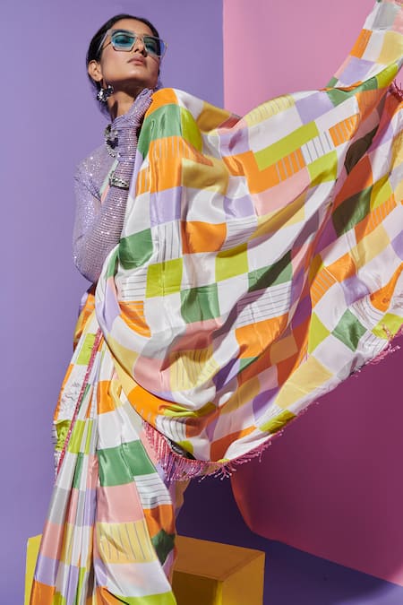 Esha L Amin_Multi Color Square Print Designer Saree _Online_at_Aza_Fashions