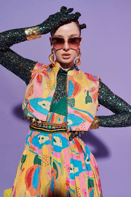 Esha L Amin Multi Color Georgette Sequins Round Neck Quilted Cropped Jacket Online at Aza Fashions Esha L Amin_Multi Color Georgette Sequins Round Neck Quilted Cropped Jacket _Online_at_Aza_Fashions