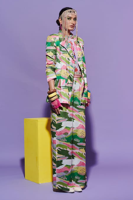 Shop Esha L Amin Multi Color Georgette Scenery Print Trousers at Aza Fashions Shop_Esha L Amin_Multi Color Georgette Scenery Print Trousers _at_Aza_Fashions