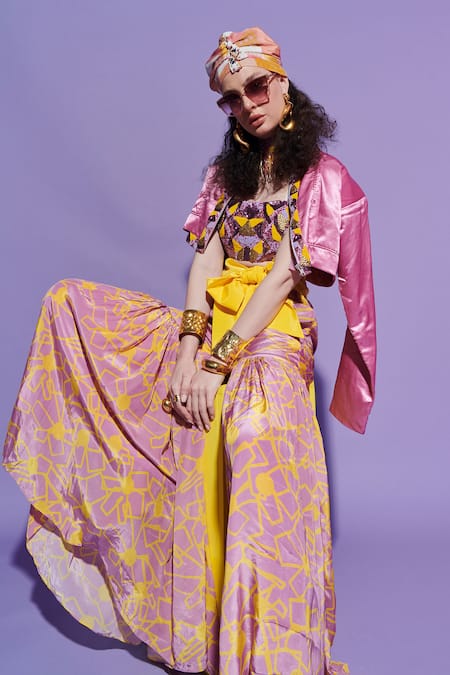 Esha L Amin_Pink Viscose, Crepe Fan Print Sharara Pants _Online_at_Aza_Fashions