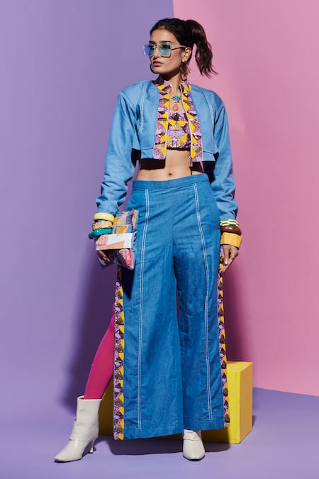 Esha L Amin Blue Denim Embroidery Pants 