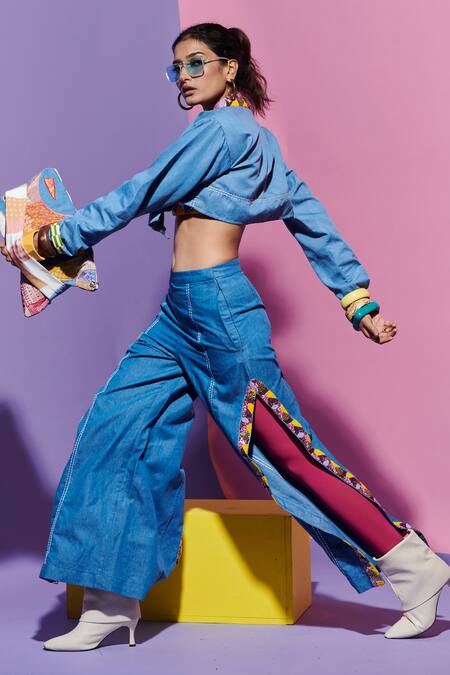 Esha L Amin Blue Denim Embroidery Pants Online at Aza Fashions Esha L Amin_Blue Denim Embroidery Pants _Online_at_Aza_Fashions