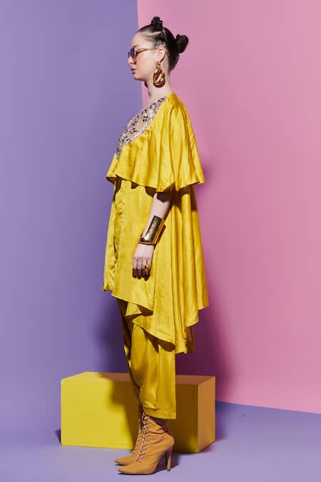 Esha L Amin_Yellow Linen, Silk Designer Dhoti Pant _Online_at_Aza_Fashions