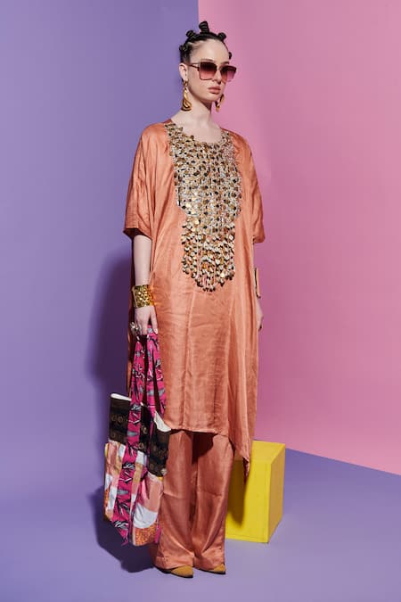 Esha L Amin_Peach Linen, Silk Straight Pink Pants _Online_at_Aza_Fashions