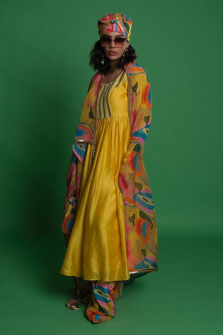 Esha L Amin_Yellow Silk Embroidery Round Neck Anarkali _Online_at_Aza_Fashions