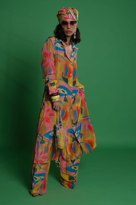 Esha L Amin Multi Color Crepe Croissant Print Palazzo 