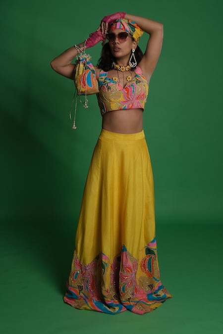 Esha L Amin Multi Color Crepe Embroidery Scoop Neck Croissant Blouse