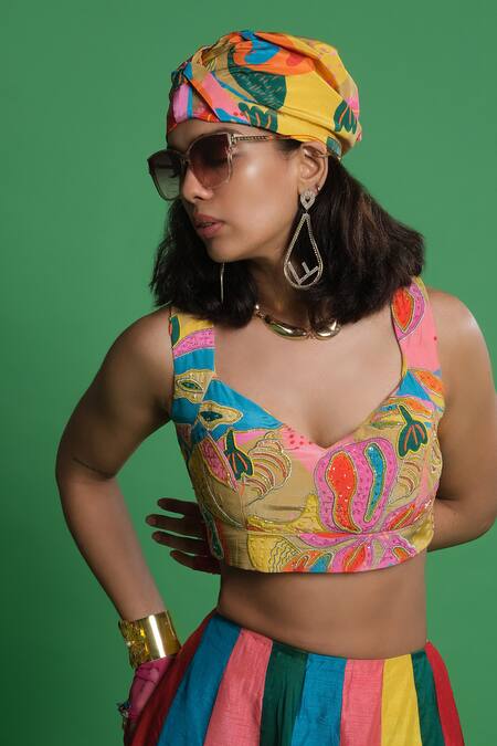 Buy Esha L Amin Multi Color Crepe Embroidery Scoop Neck Croissant Blouse Online at Aza Fashions Buy_Esha L Amin_Multi Color Crepe Embroidery Scoop Neck Croissant Blouse _Online_at_Aza_Fashions