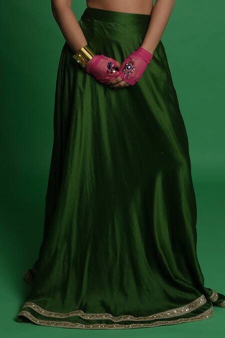 Esha L Amin_Green Silk Plain Olive Lehenga _Online_at_Aza_Fashions