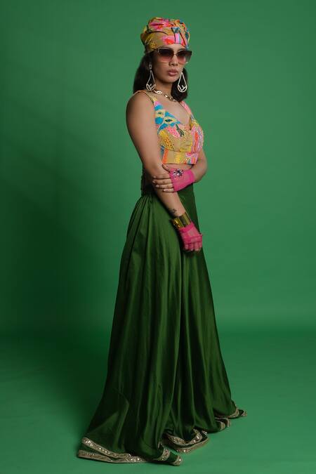 Buy_Esha L Amin_Green Silk Plain Olive Lehenga _Online_at_Aza_Fashions