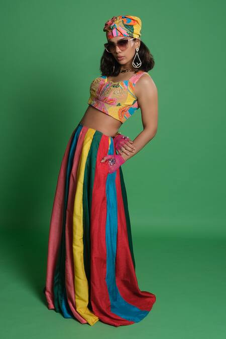 Buy_Esha L Amin_Multi Color Silk Panelled Kali Lehenga _Online_at_Aza_Fashions