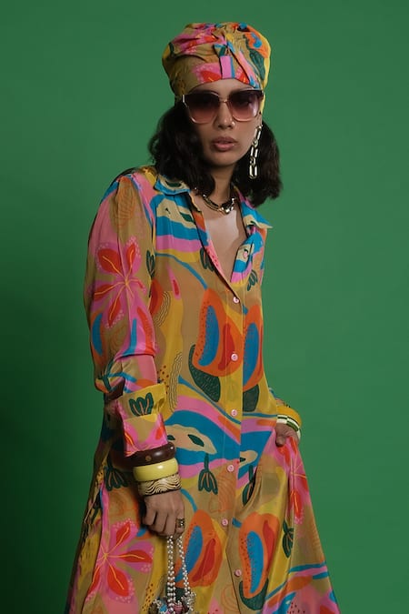 Esha L Amin_Multi Color Crepe Round Neck Croissant Print Shirt Kurta _Online_at_Aza_Fashions