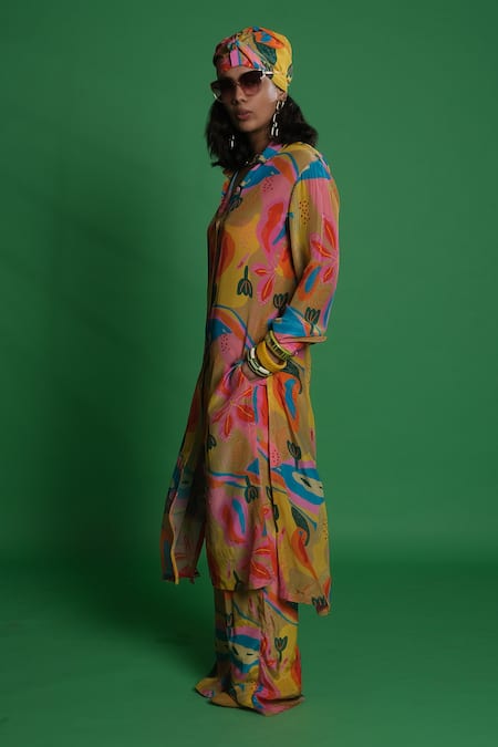 Buy_Esha L Amin_Multi Color Crepe Round Neck Croissant Print Shirt Kurta _Online_at_Aza_Fashions