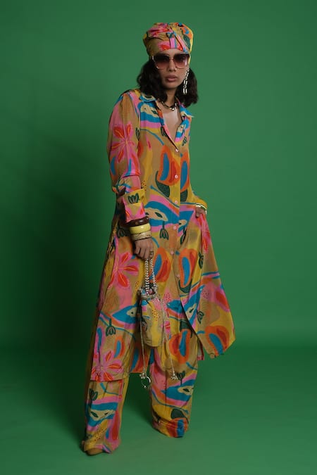 Esha L Amin Multi Color Crepe Round Neck Croissant Print Shirt Kurta 