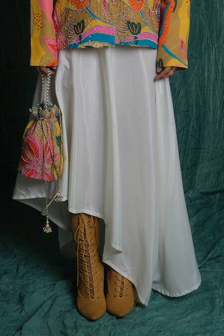 Esha L Amin White Crepe Asymmetrical Cowl Skirt Online at Aza Fashions Esha L Amin_White Crepe Asymmetrical Cowl Skirt _Online_at_Aza_Fashions