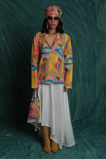 Esha L Amin White Crepe Asymmetrical Cowl Skirt 