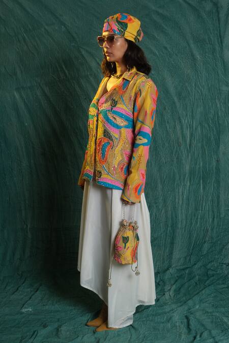 Esha L Amin Multi Color Crepe Embroidery Croissant Print Blazer Online at Aza Fashions Esha L Amin_Multi Color Crepe Embroidery Croissant Print Blazer _Online_at_Aza_Fashions