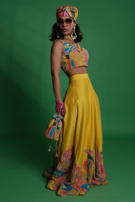 Esha L Amin Yellow Silk Embroidery Designer Lehenga With Croissant Border Online at Aza Fashions Esha L Amin_Yellow Silk Embroidery Designer Lehenga With Croissant Border _Online_at_Aza_Fashions
