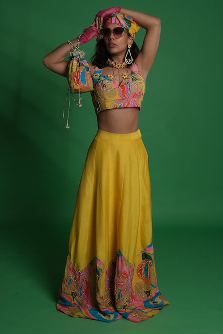 Esha L Amin Yellow Designer Lehenga with Croissant Border 