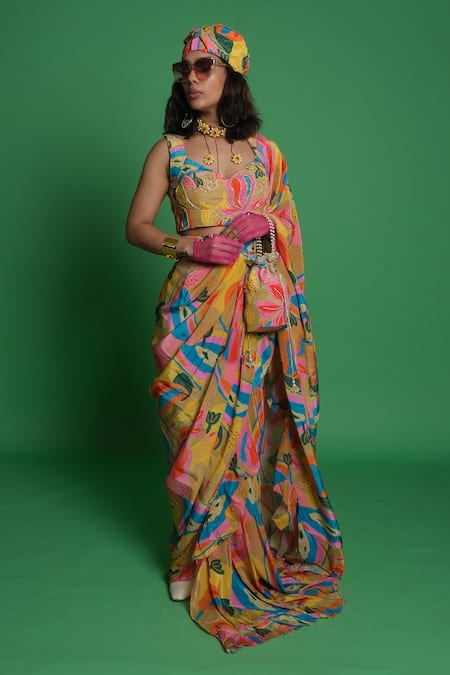 Buy Esha L Amin Multi Color Crepe Croissant Pre Draped Ruffle Saree Online at Aza Fashions Buy_Esha L Amin_Multi Color Crepe Croissant Pre Draped Ruffle Saree _Online_at_Aza_Fashions