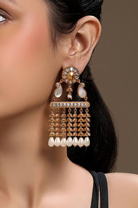Buy_HRISHA_Gold Plated Pearls Kundan Polki Earrings _Online_at_Aza_Fashions