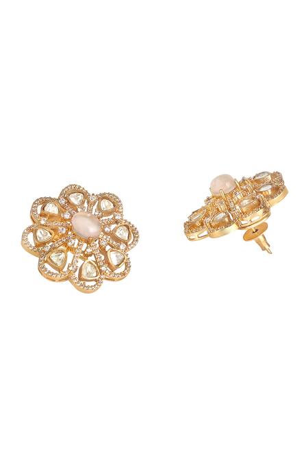 HRISHA Pink Designer Kundan Polki Flower Earrings Online at Aza Fashions HRISHA_Pink Designer Kundan Polki Flower Earrings _Online_at_Aza_Fashions
