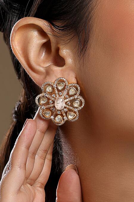 Buy HRISHA Pink Designer Kundan Polki Flower Earrings Online at Aza Fashions Buy_HRISHA_Pink Designer Kundan Polki Flower Earrings _Online_at_Aza_Fashions