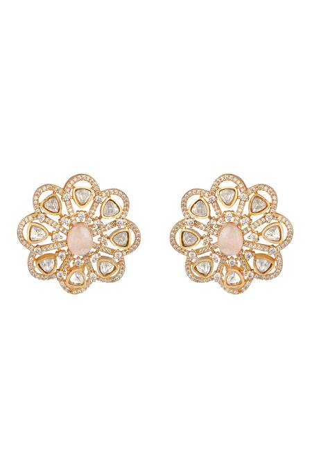 Shop HRISHA Pink Designer Kundan Polki Flower Earrings at Aza Fashions Shop_HRISHA_Pink Designer Kundan Polki Flower Earrings _at_Aza_Fashions