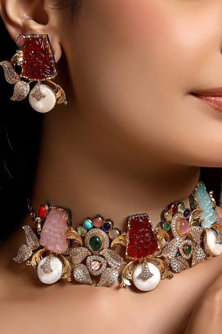 HRISHA_Multi Color Gemstones, Pearls Multicoloured Designer Necklace And Earring Set _Online_at_Aza_Fashions
