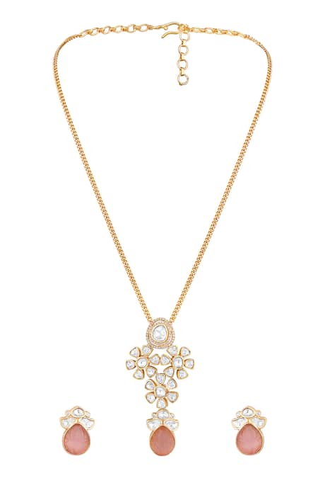 Shop HRISHA Gold Plated Pink Designer Necklace And Earring Set at Aza Fashions Shop_HRISHA_Gold Plated Pink Designer Necklace And Earring Set _at_Aza_Fashions