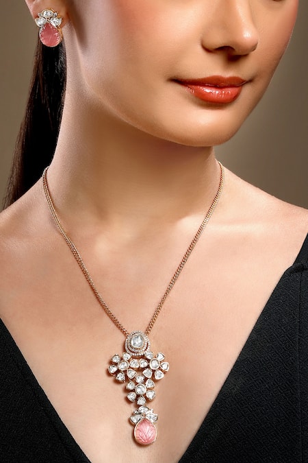 HRISHA Gold Plated Pink Designer Necklace And Earring Set