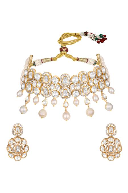 Shop HRISHA White Designer Kundan Polki Necklace And Earring Set at Aza Fashions Shop_HRISHA_White Designer Kundan Polki Necklace And Earring Set _at_Aza_Fashions