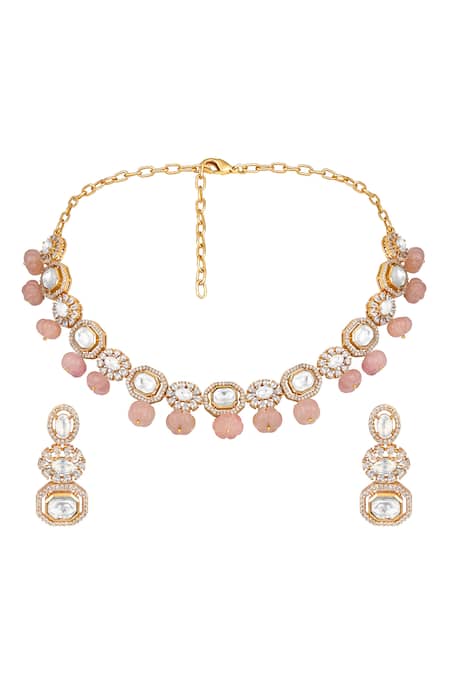 Hrisha Gold Pink Designer Necklace & Earring Set 