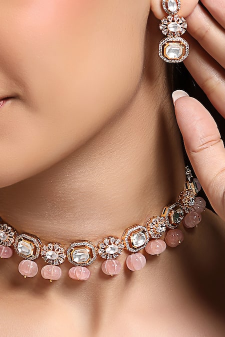 Buy_Hrisha_Gold Plated Crystals, Stones Pink Designer Necklace And Earring Set _Online_at_Aza_Fashions