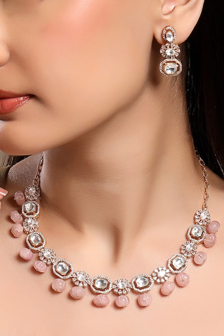 Shop_Hrisha_Gold Plated Crystals, Stones Pink Designer Necklace And Earring Set _Online_at_Aza_Fashions