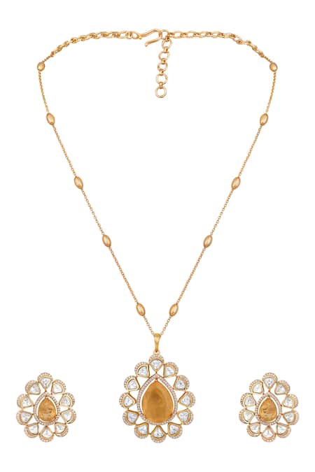 Shop HRISHA Peach Gold Plated Kundan Necklace And Earring Set at Aza Fashions Shop_HRISHA_Peach Gold Plated Kundan Necklace And Earring Set _at_Aza_Fashions